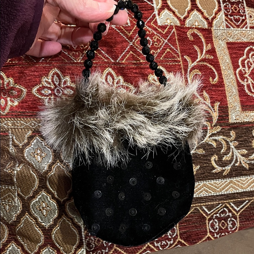 Black velvet Beaded mini Handbag with Faux Fur Trim
